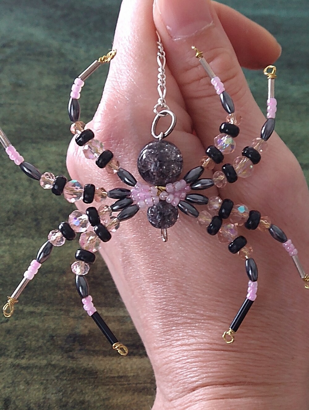 Handcrafted Pink & Black Beaded Spider Pendant
